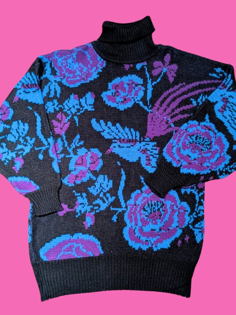 Blue Floral Design Knit Sweater Size S